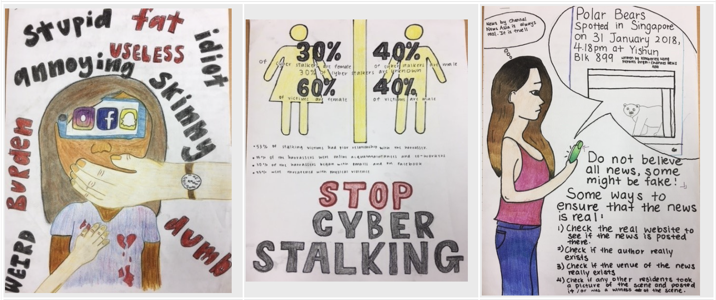 Three hand-drawn student posters about cyberbullying, cyber stalking statistics, and identifying fake news.